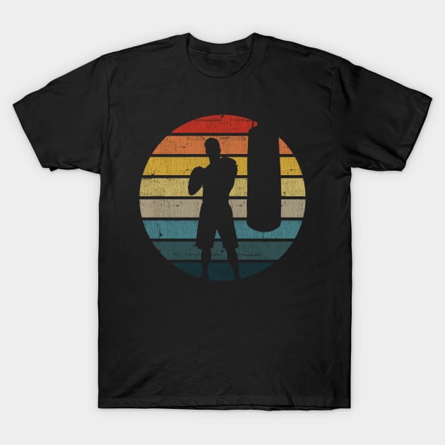 Boxing Silhouette On A Distressed Retro Sunset print T-Shirt by theodoros20